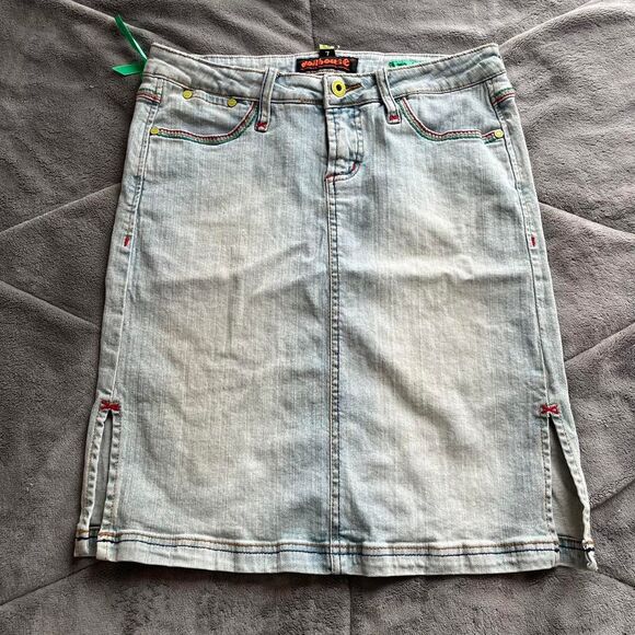 Vintage Y2K indie retro Dollhouse rainbow light wash denim midi skirt size 7 - Picture 1 of 8
